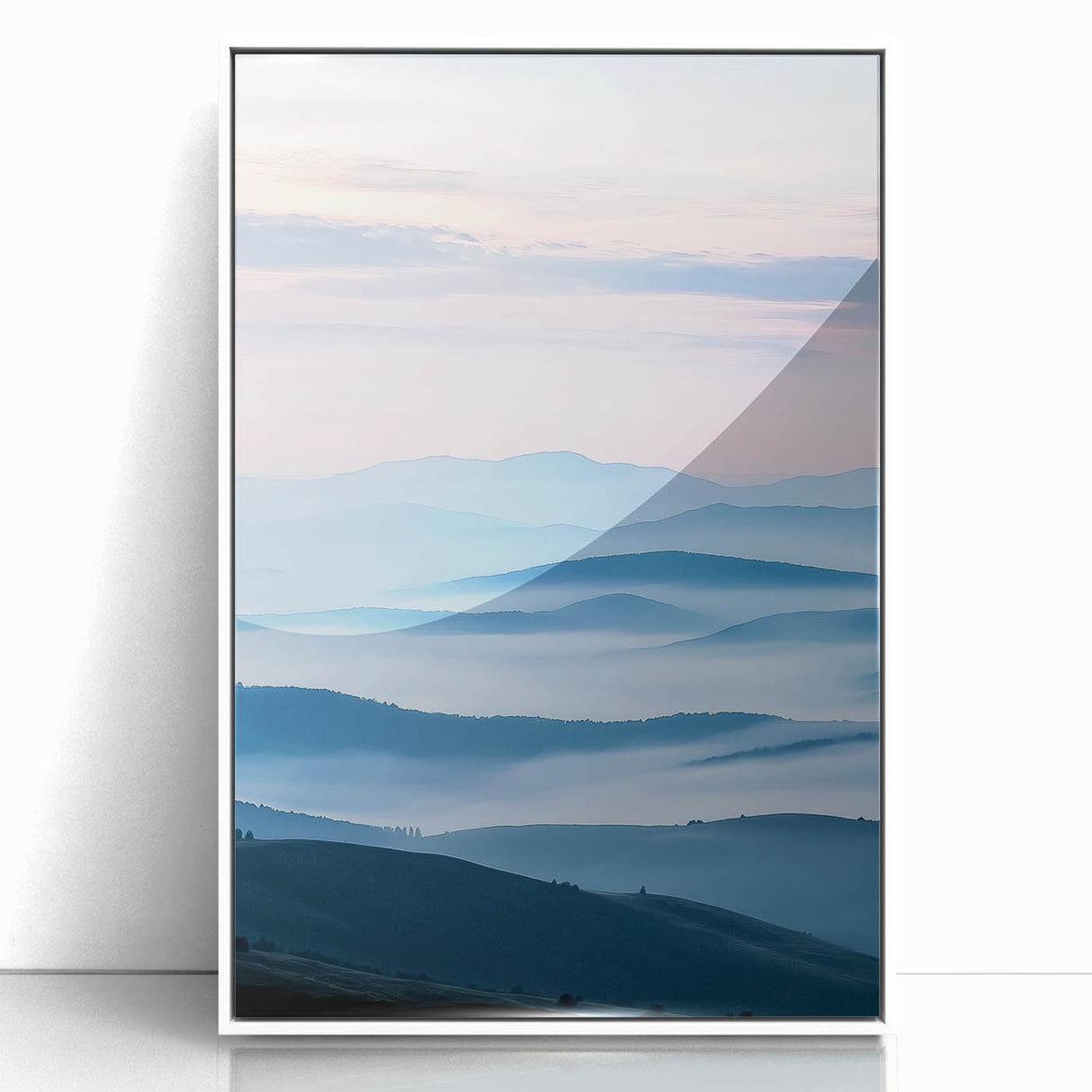 Framed acrylic artwork depicting a serene countryside landscape with vibrant greens and soft blue skies, designed to enhance home decor with a modern touch.