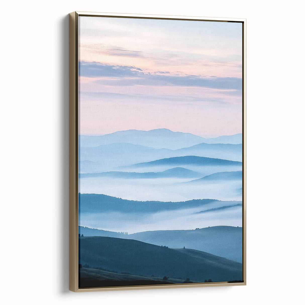 Framed canvas artwork showcasing a serene countryside landscape with vibrant greens and gold accents, elegantly presented in a gold frame, perfect for home decor.