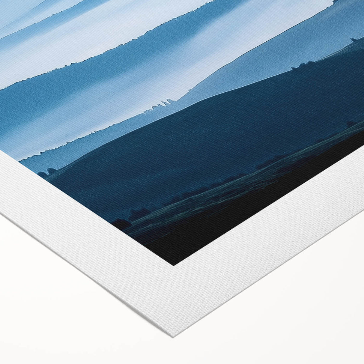 Rolled canvas artwork showcasing a serene countryside landscape with vibrant green fields and a clear blue sky, elegantly packaged in a sturdy cardboard tube for protection.