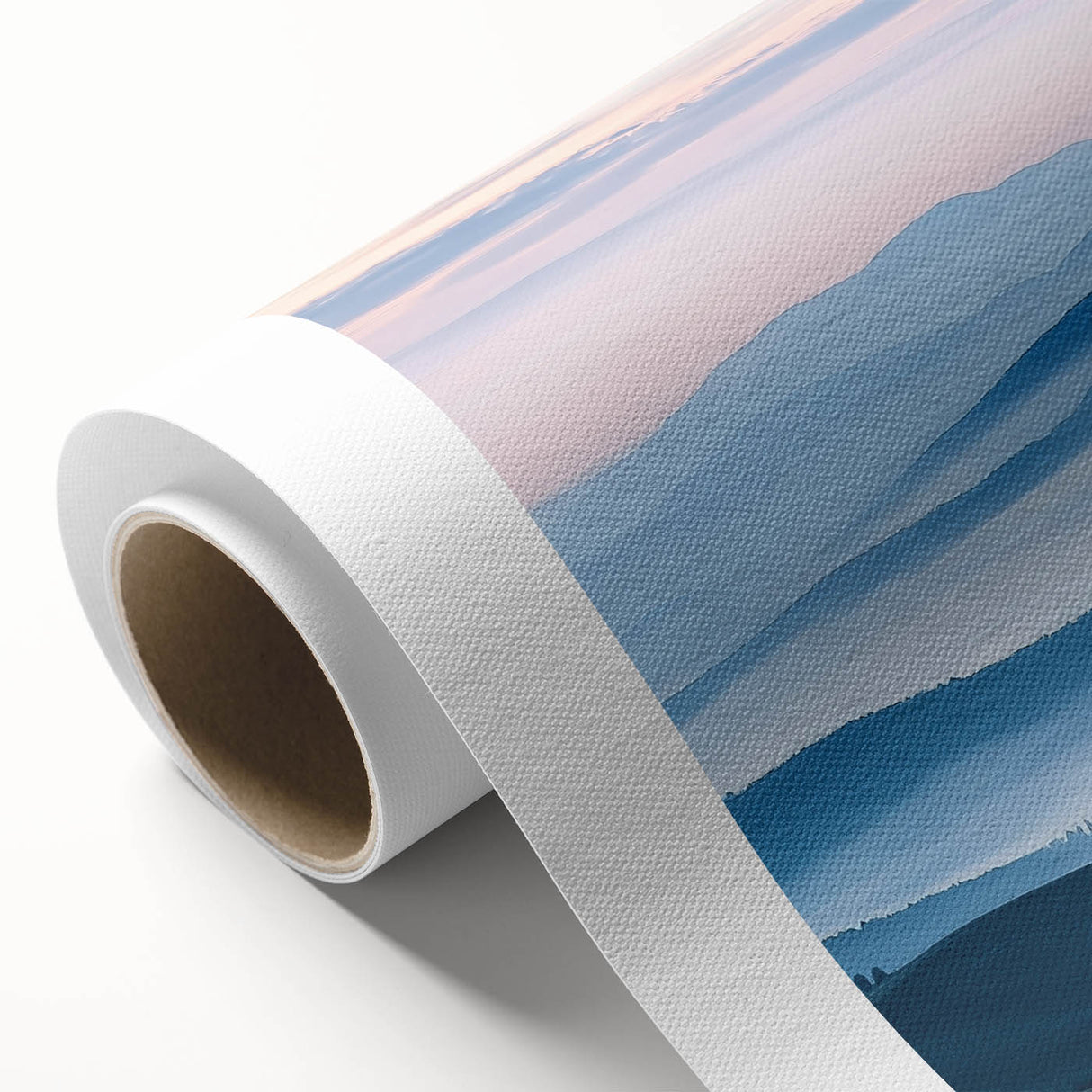 Rolled canvas artwork showcasing a serene countryside landscape, featuring lush green fields and a clear blue sky, elegantly packaged in a protective cardboard tube.