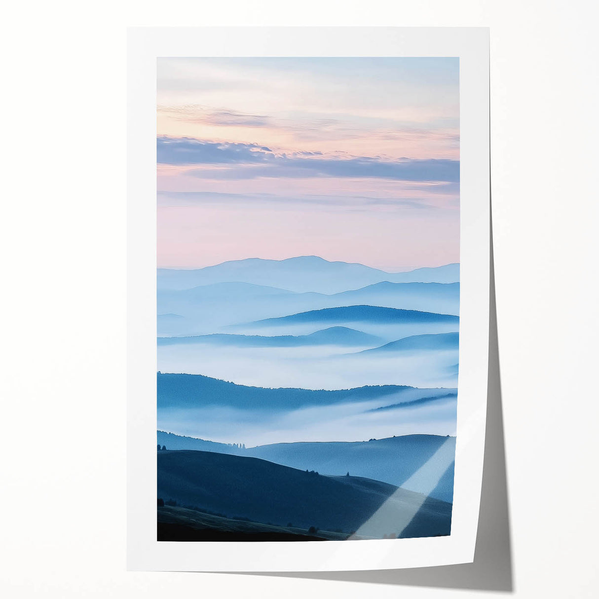 Rolled print showcasing a serene countryside landscape with lush greenery and rolling hills, beautifully packaged in a protective cardboard tube for easy transport.