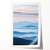 Rolled print showcasing a serene countryside landscape with lush greenery and rolling hills, beautifully packaged in a protective cardboard tube for easy transport.