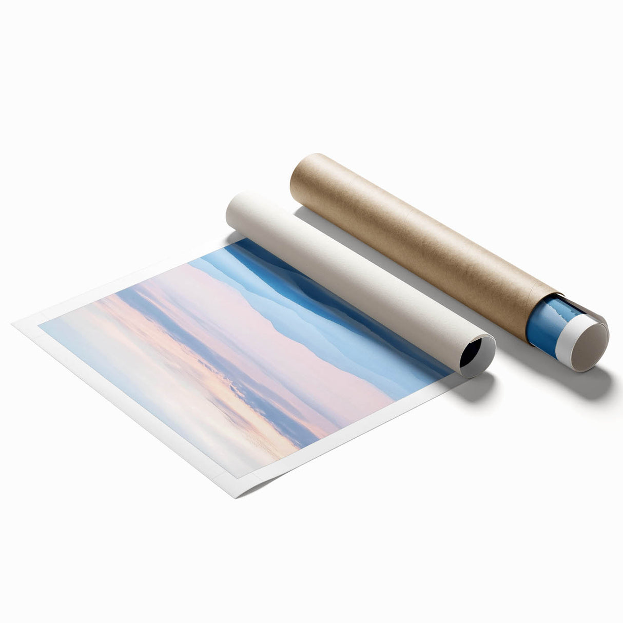 Serene countryside landscape print showcasing rolling hills, lush greenery, and a vibrant blue sky, rolled and secured in a protective tube for easy transport.