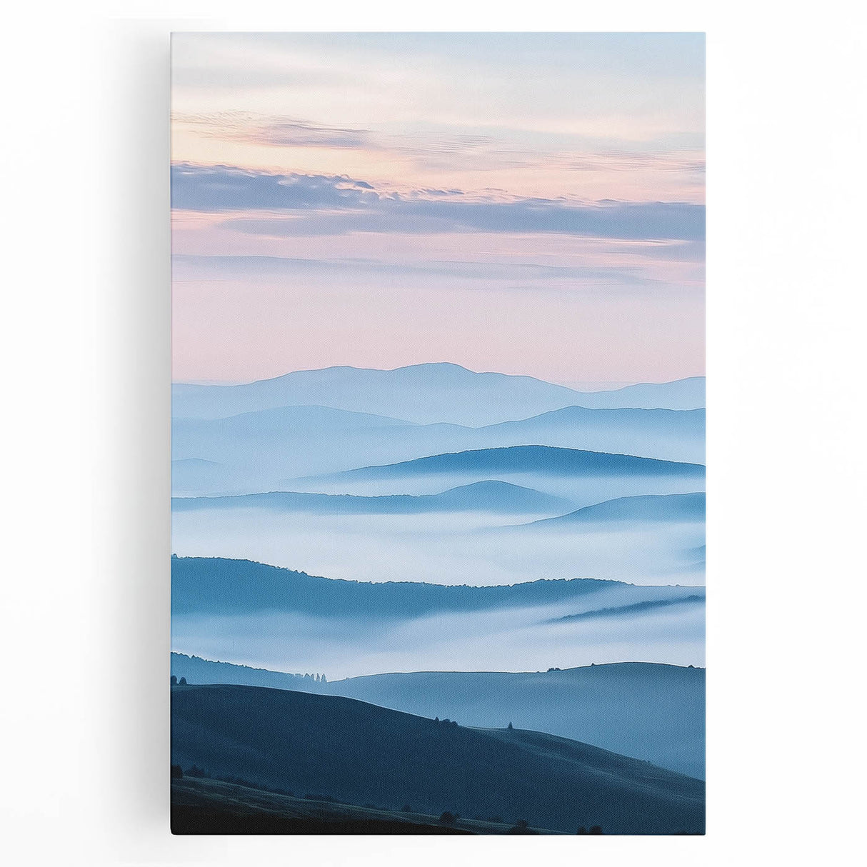 Stretched canvas artwork depicting a serene countryside landscape with vibrant green fields and a clear blue sky, ideal for home decor in natural themes.