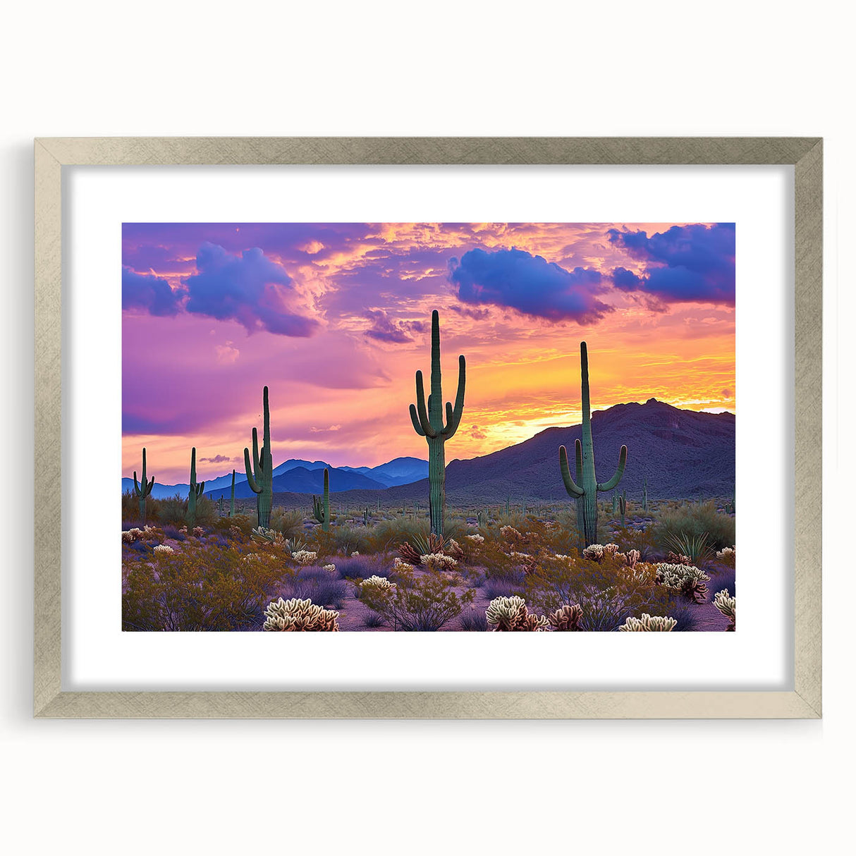 Desert landscape framed art with a silver mat, showcasing vibrant sand dunes under a clear blue sky, ideal for home decor or office ambiance.