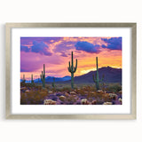 Desert landscape framed art with a silver mat, showcasing vibrant sand dunes under a clear blue sky, ideal for home decor or office ambiance.
