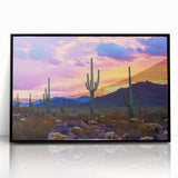 Framed acrylic artwork showcasing a vibrant desert landscape with bold colors and intricate details, set in a sleek black frame, perfect for home decor.