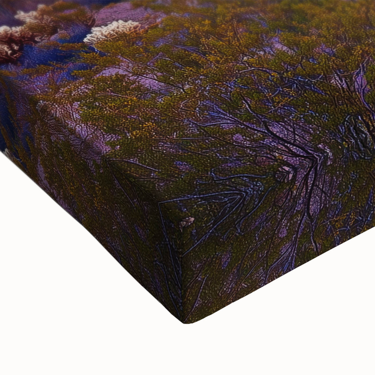 Close-up of a stretched canvas depicting a vibrant desert landscape, showcasing warm earthy tones, intricate textures, and a serene atmosphere, perfect for home decor.