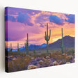 Desert landscape stretched canvas artwork showcasing vibrant hues of orange and yellow, depicting a serene sunset over a vast sandy terrain, ideal for home decor.