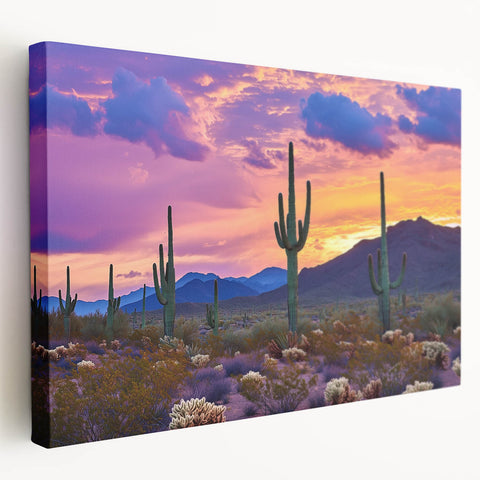 Desert landscape stretched canvas artwork showcasing vibrant hues of orange and yellow, depicting a serene sunset over a vast sandy terrain, ideal for home decor.