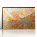 Large art print of close-up nature elements in muted green and gold tones, framed in acrylic.