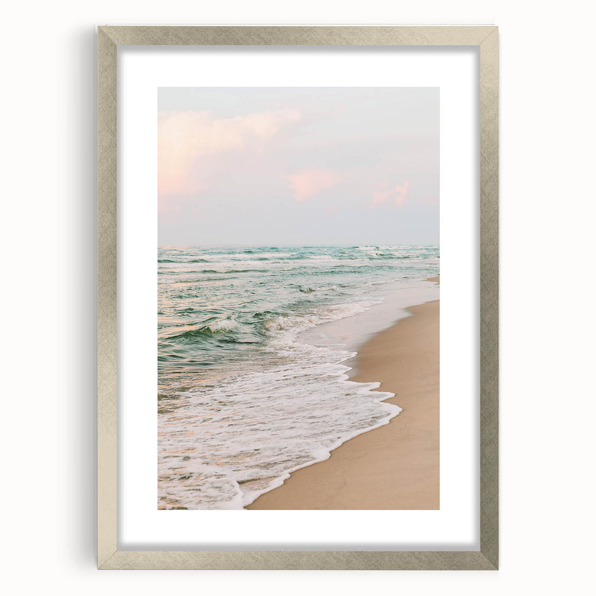Textured abstract art print in soft blue and white tones on a silver-framed canvas, suitable for bedroom decor.