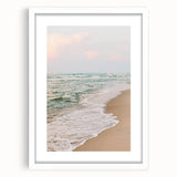 Abstract art print featuring swirls of orange and blue on a white framed canvas, ideal for dining room decor.