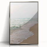 Mid-century modernist art deco poster featuring geometric shapes in muted pastel shades on a silver-framed acrylic print.