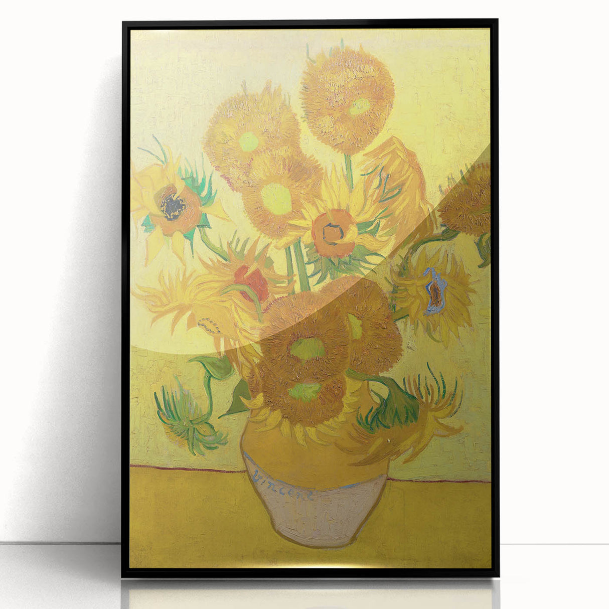 Large abstract wall art featuring swirling blue and yellow hues on acrylic, framed in black.