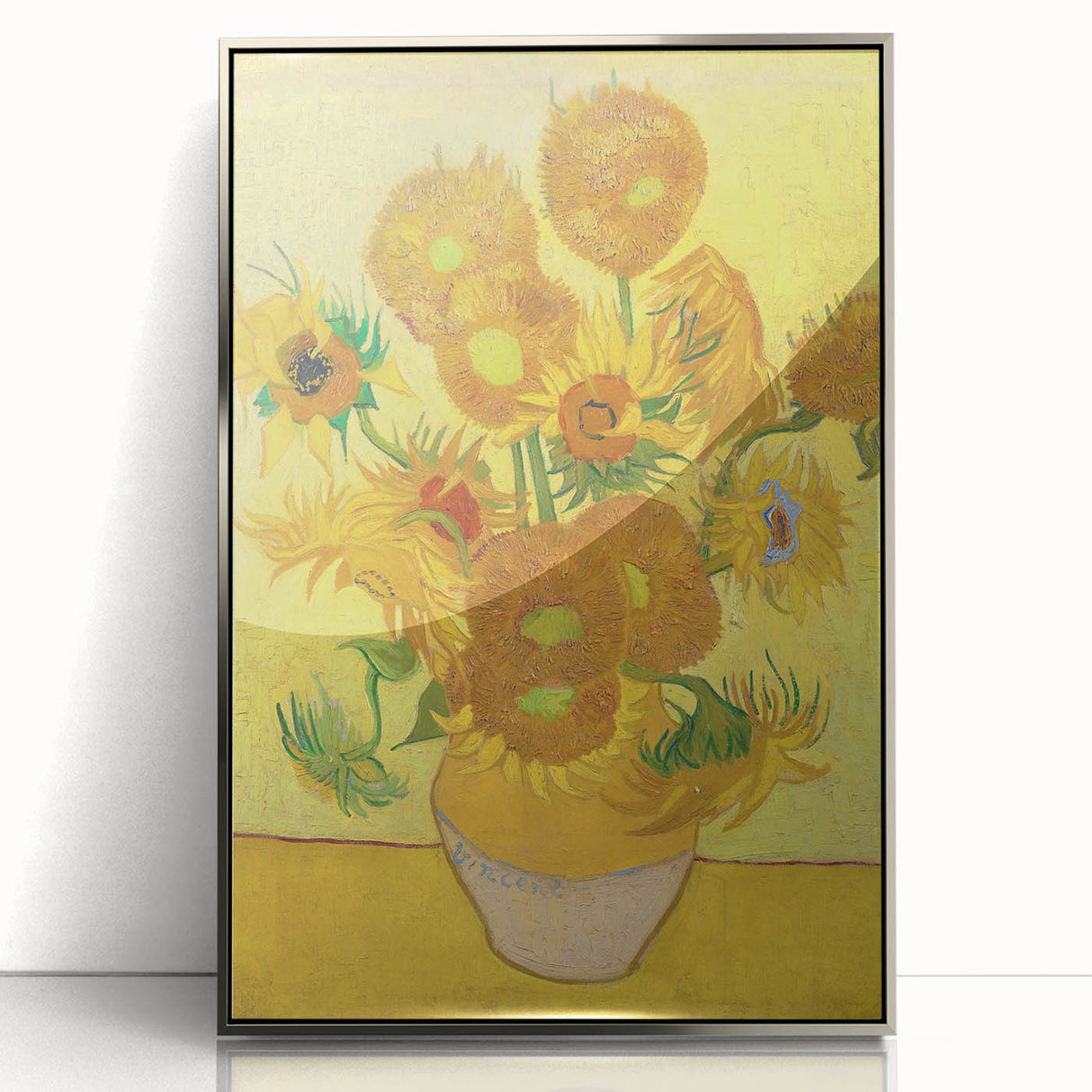 Large art print of a Van Gogh-inspired landscape in pastel shades on silver-framed acrylic.