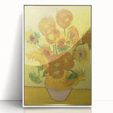 Mid-century modernist art depicting a stylized cityscape in vibrant colors on a white acrylic framed poster.