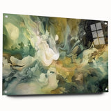 Abstract wall art featuring vibrant strokes in blue, orange, and yellow on acrylic glass, showcasing a modern design with sleek pins for easy display. Perfect for contemporary home decor.