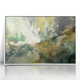 Framed abstract strokes wall art in white and acrylic finish, showcasing dynamic brush patterns and vibrant colors, perfect for modern home decor.