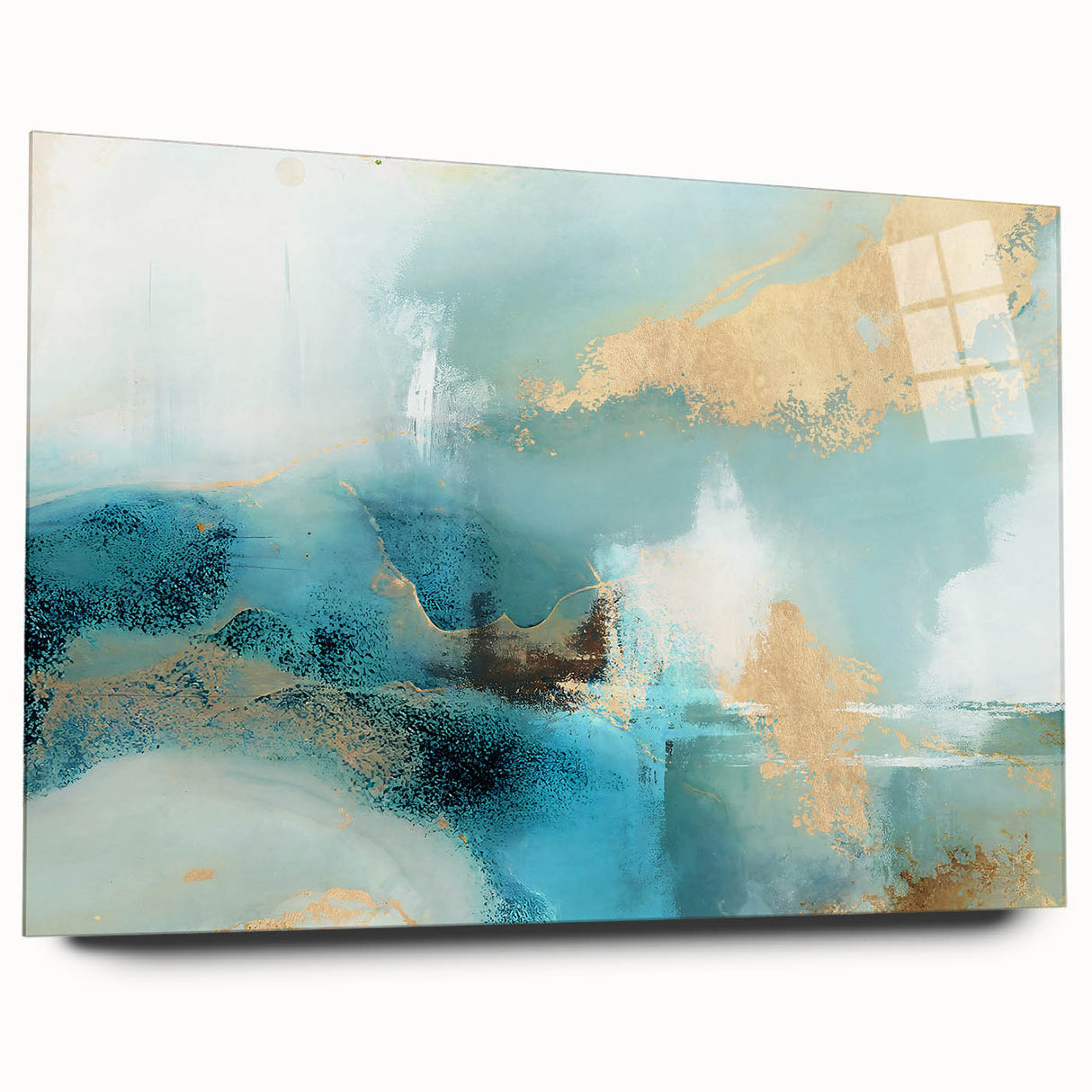 Abstract wall art featuring vibrant strokes in shades of blue, orange, and yellow, displayed in an acrylic glass frame showcasing its sleek design and modern aesthetic. Perfect for contemporary home decor.