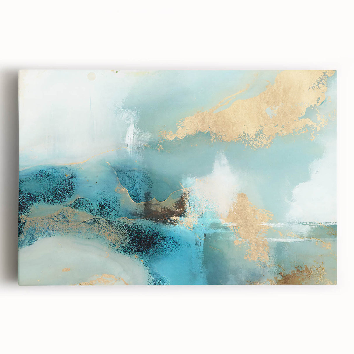 Colorful abstract strokes on stretched canvas wall art, showcasing vibrant hues of blue, pink, and gold, perfect for modern home decor or artistic gallery displays.