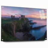 Acrylic glass artwork showcasing a vibrant landscape with a medieval castle, displayed from the side view with decorative pins, perfect for home decor enthusiasts.