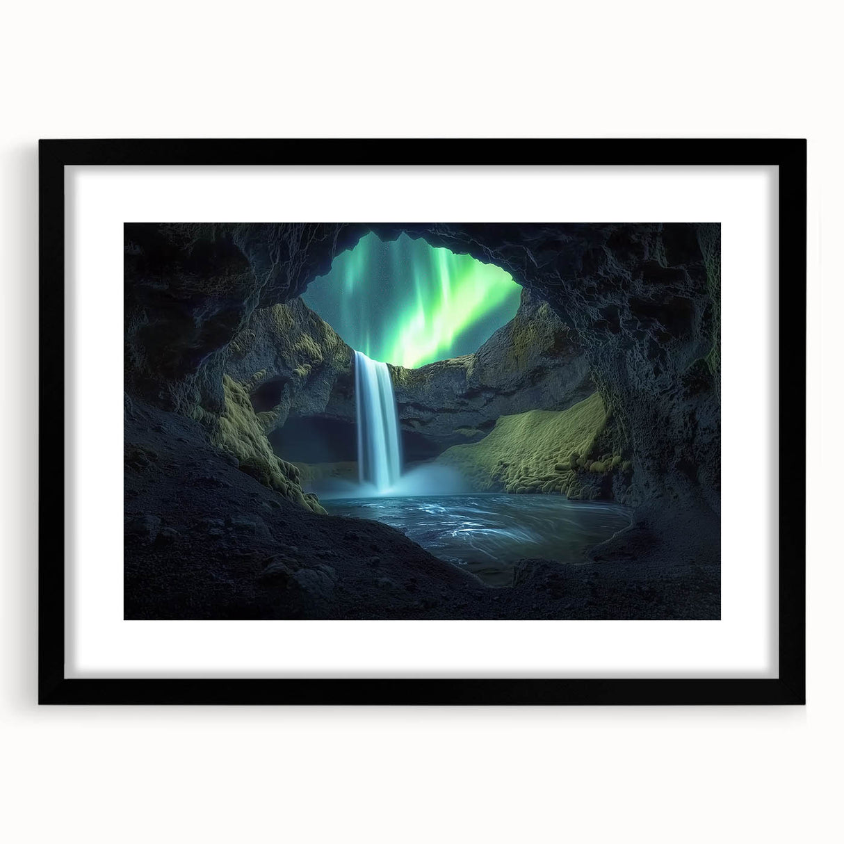 Framed landscape art print showcasing a serene cave scene, featuring rich earthy tones and a black mat, designed to enhance modern home decor aesthetics.