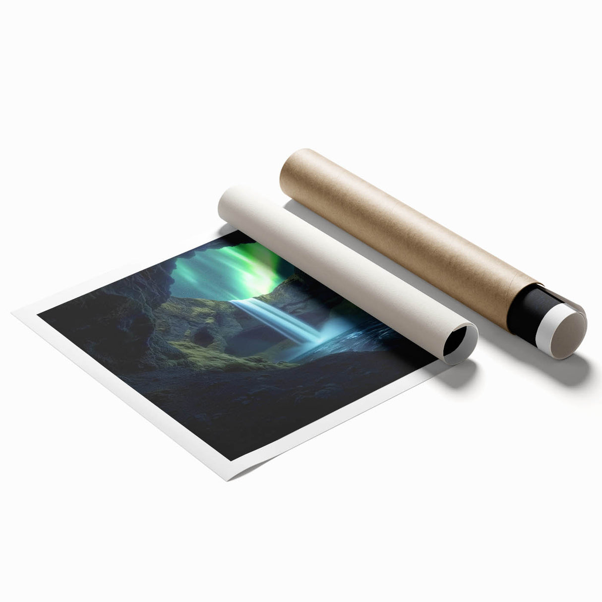 Vibrant rolled print of tropical landscapes and caves, showcasing intricate details and rich colors, elegantly packaged in a protective cardboard tube for easy transport.