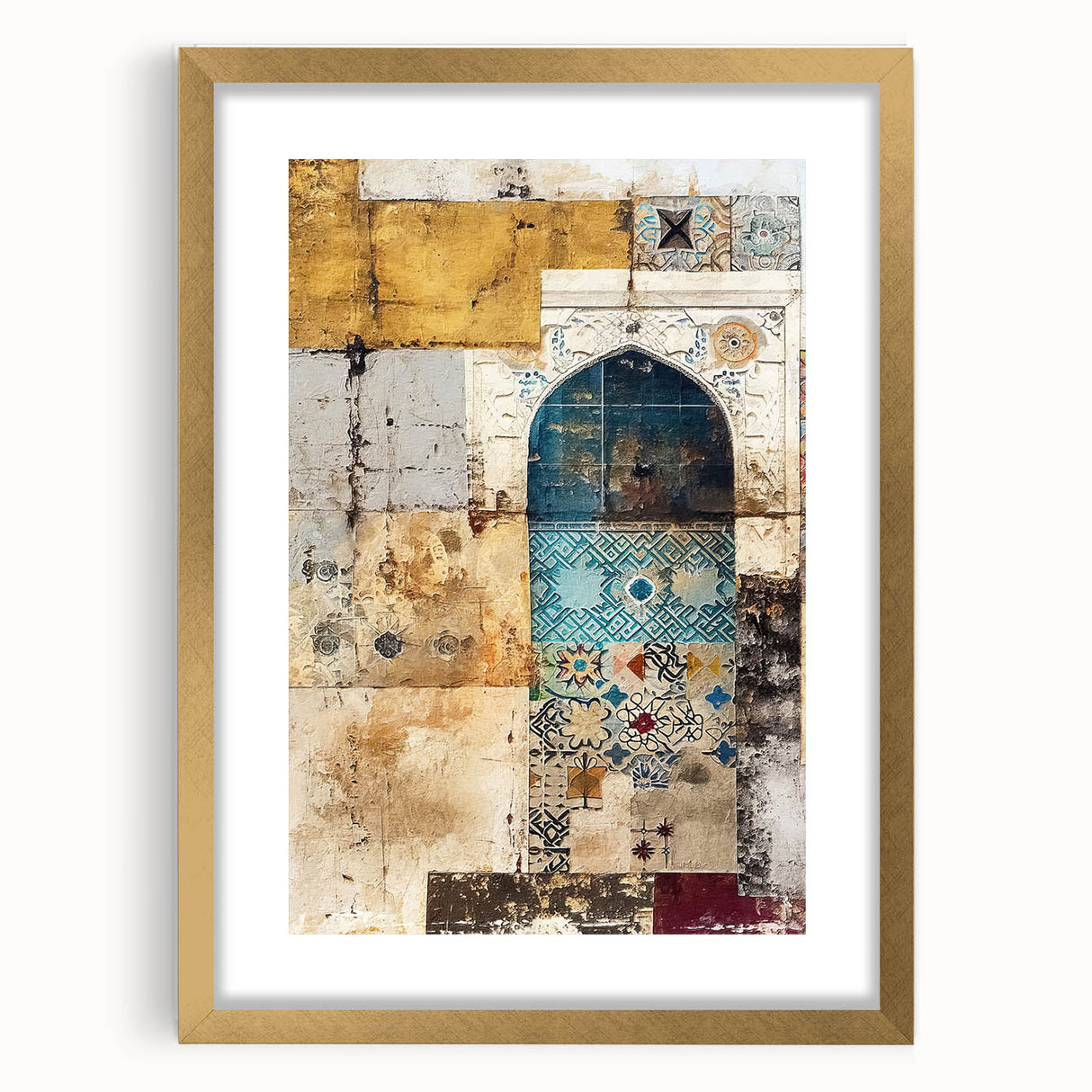 Abstract architecture wall art framed in gold, showcasing geometric shapes with a modern design, perfect for contemporary home decor.