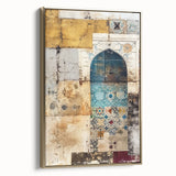 Framed canvas wall art showcasing abstract architecture design in gold tones, featuring geometric shapes and modern aesthetics, perfect for contemporary decor.