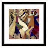 Abstract figurative wall art framed with a black mat and sleek frame, showcasing vibrant colors and dynamic shapes, ideal for modern home decor.