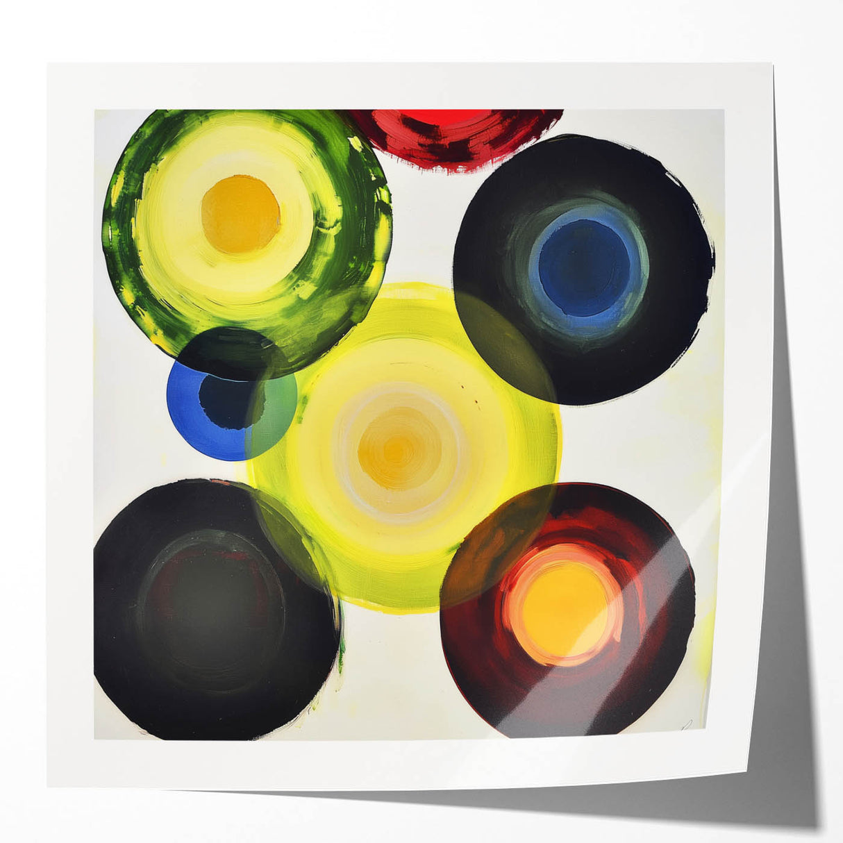 Abstract geometric wall art print featuring vibrant colors and sharp angles, displayed in a glossy finish. Ideal for modern home decor and artistic environments.