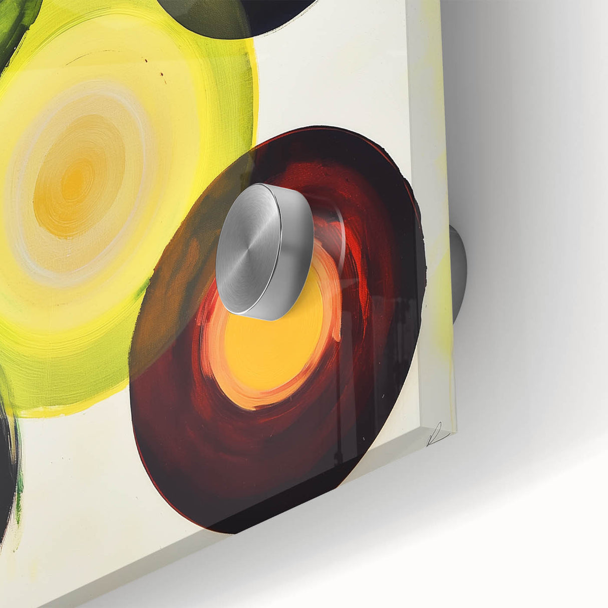 Abstract geometric acrylic glass artwork showcasing vibrant colors and intricate patterns, ideal for modern home decor and artistic displays.