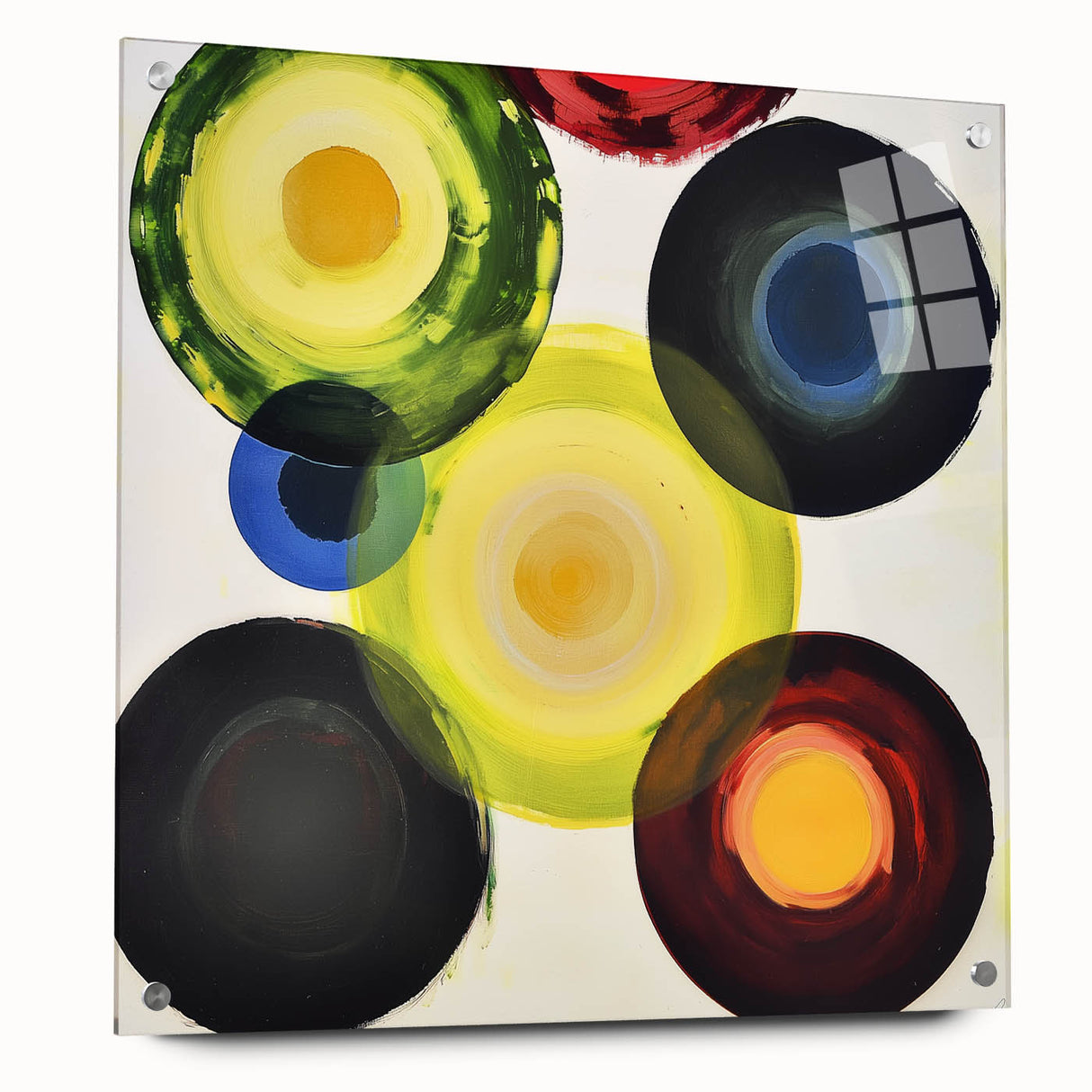 Abstract geometric acrylic artwork displayed in a side view, showcasing vibrant colors and intricate patterns, secured with pins for stability. Ideal for modern decor.