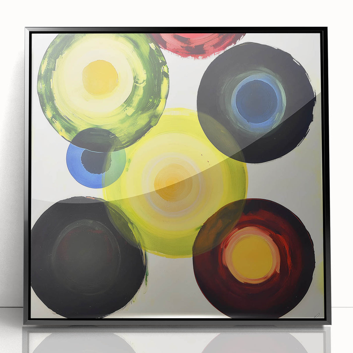 Framed abstract geometric wall art design featuring bold black shapes on a white background, ideal for modern home decor or office spaces.