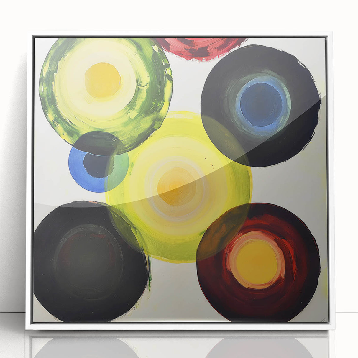 Framed acrylic art piece showcasing a modern abstract geometric design in white and subtle hues, ideal for contemporary home decor. Perfect for enhancing minimalist interiors.