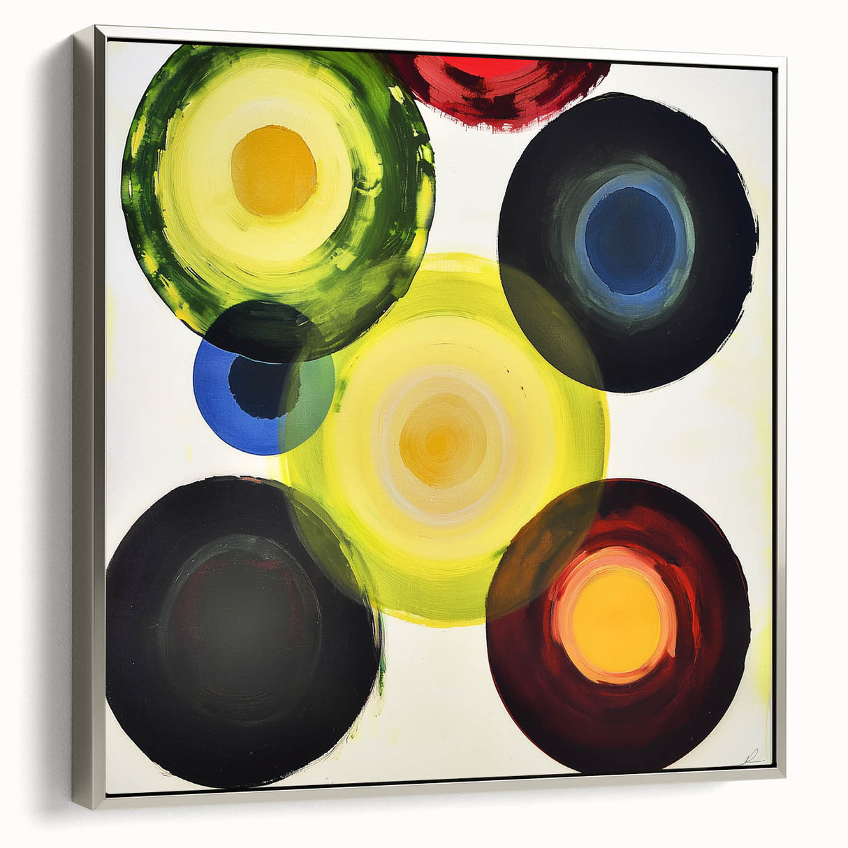 Abstract geometric framed canvas artwork showcasing a sleek silver frame, highlighting sharp angles and vibrant colors in a modern design, ideal for contemporary decor.