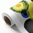 Abstract geometric design rolled canvas showcasing vibrant shades of blue, orange, and yellow, ideal for modern home decor, elegantly housed in a protective tube.