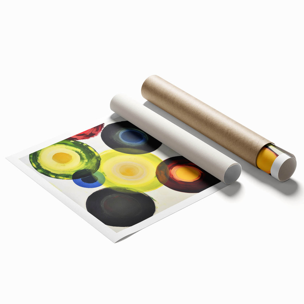 Abstract geometric rolled print showcasing vibrant colors and intricate shapes, displayed in a sturdy cardboard tube for safe shipping and storage. Perfect for modern home decor or art enthusiasts seeking unique wall art.