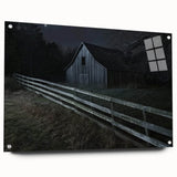 Landscape view of a barn design printed on acrylic glass, showcasing vibrant colors and intricate details, secured with stylish pins for easy display.