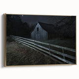 Framed landscape canvas artwork depicting a rustic barn scene with vibrant colors, featuring a gold frame, perfect for farmhouse decor and enhancing interior aesthetics.