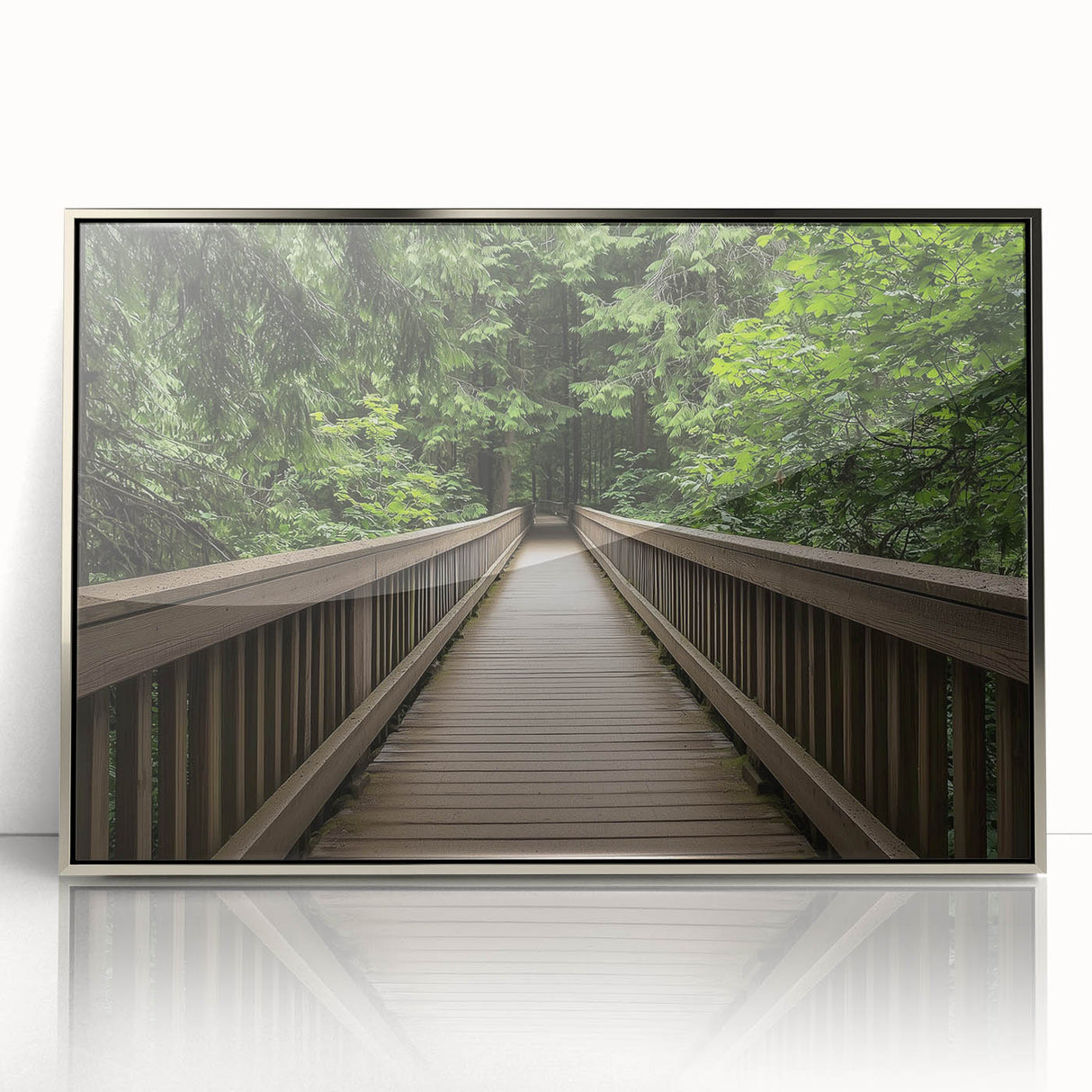 Framed acrylic artwork showcasing a contemporary landscape bridge design in silver tones, perfect for modern home decor and interior styling.