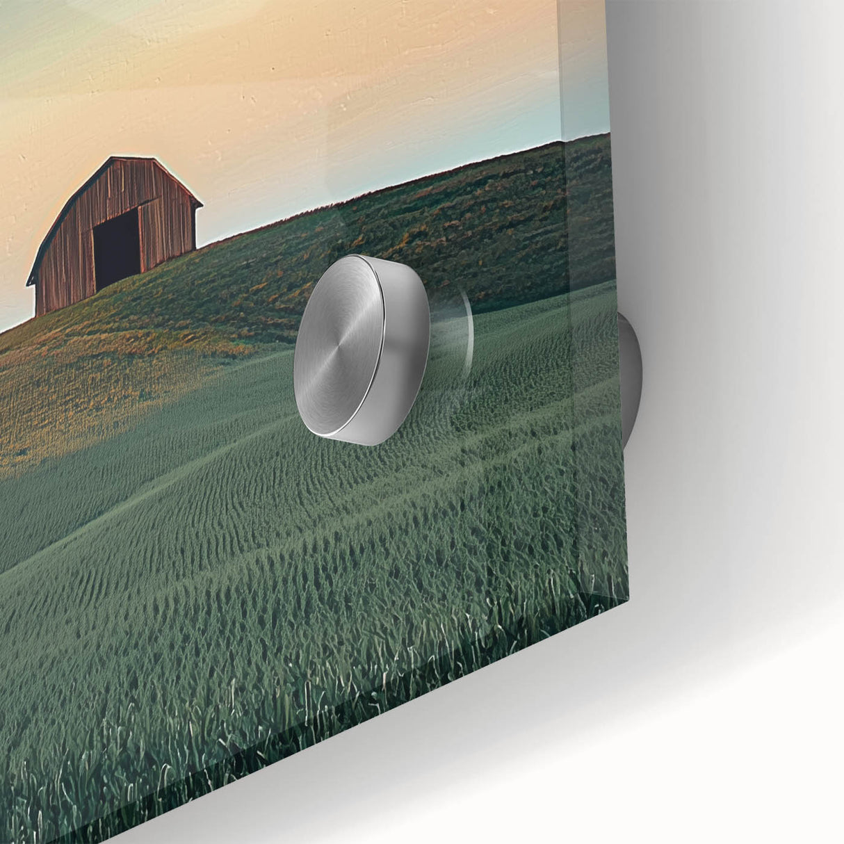 Close-up view of a vibrant acrylic landscape depicting a serene countryside scene, featuring lush green fields and a blue sky, perfect for home decor.