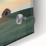 Close-up view of a vibrant acrylic landscape depicting a serene countryside scene, featuring lush green fields and a blue sky, perfect for home decor.