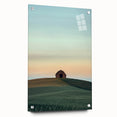 Acrylic landscape artwork depicting a serene countryside scene with vibrant colors, framed in glass and affixed with decorative pins for display. Ideal for enhancing home decor with a touch of nature's beauty.