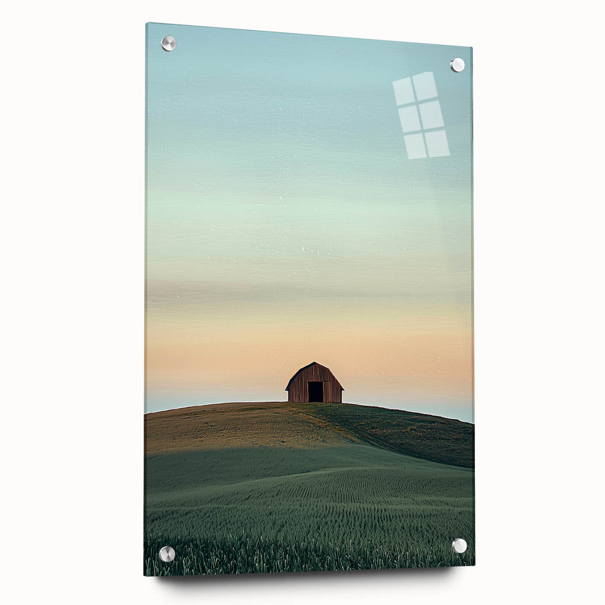 Acrylic landscape artwork depicting a serene countryside scene with vibrant colors, framed in glass and affixed with decorative pins for display. Ideal for enhancing home decor with a touch of nature's beauty.