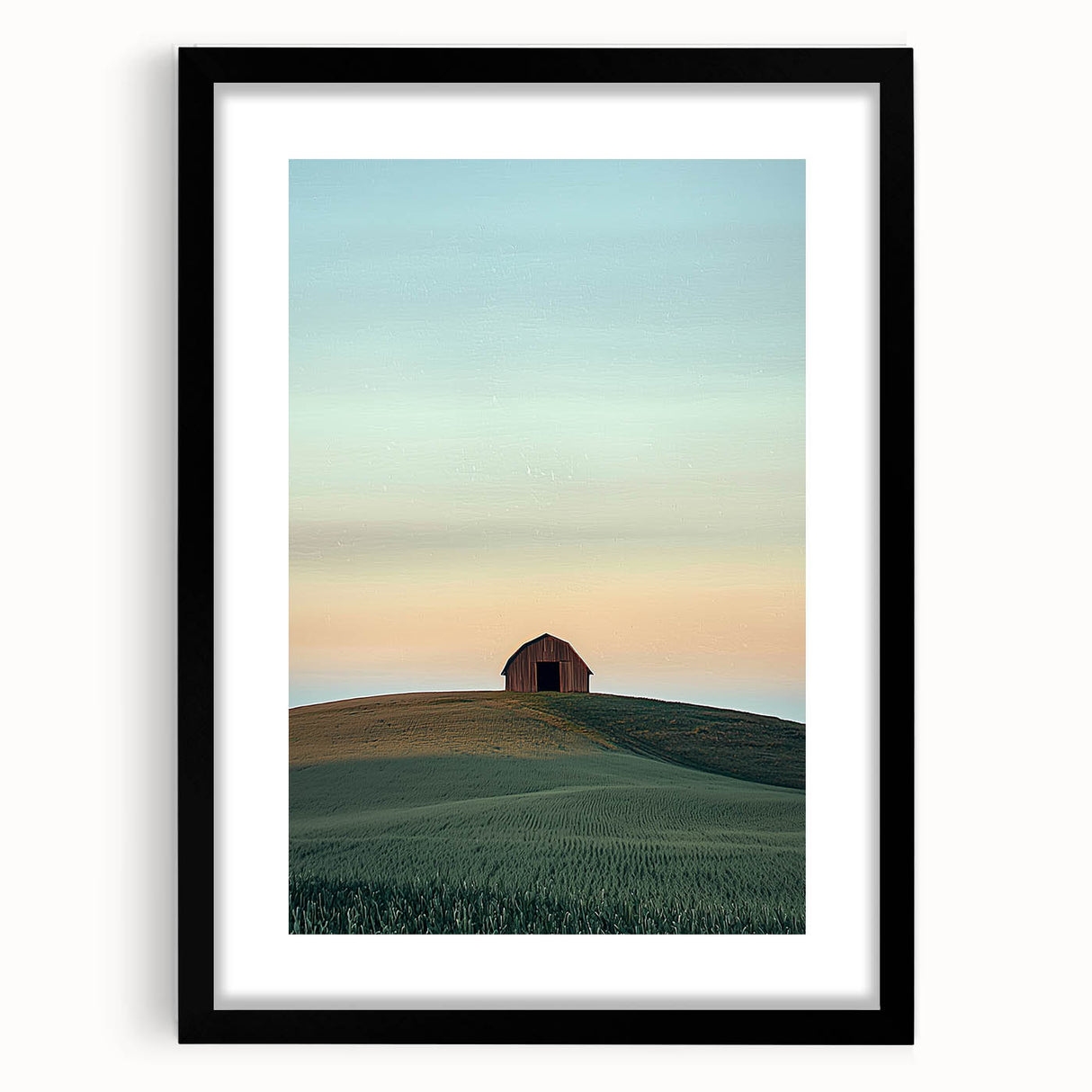 Black-framed landscape artwork showcasing a serene countryside scene, complete with a white mat for added elegance, ideal for home decor and art enthusiasts.