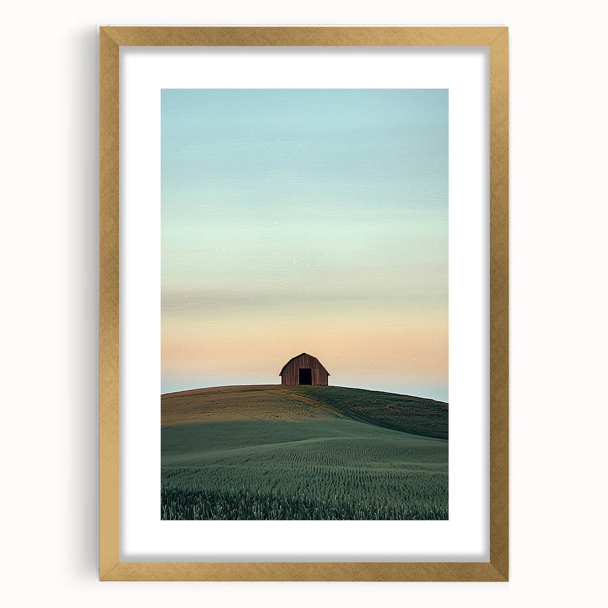 Elegant gold-framed landscape artwork depicting a serene countryside scene, featuring lush green fields and a vibrant sky, perfect for home decor enhancement.