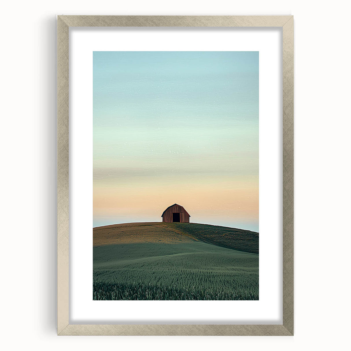 Silver-framed landscape artwork depicting a serene countryside scene with vibrant greenery and a clear sky, elegantly matted for added depth and style.