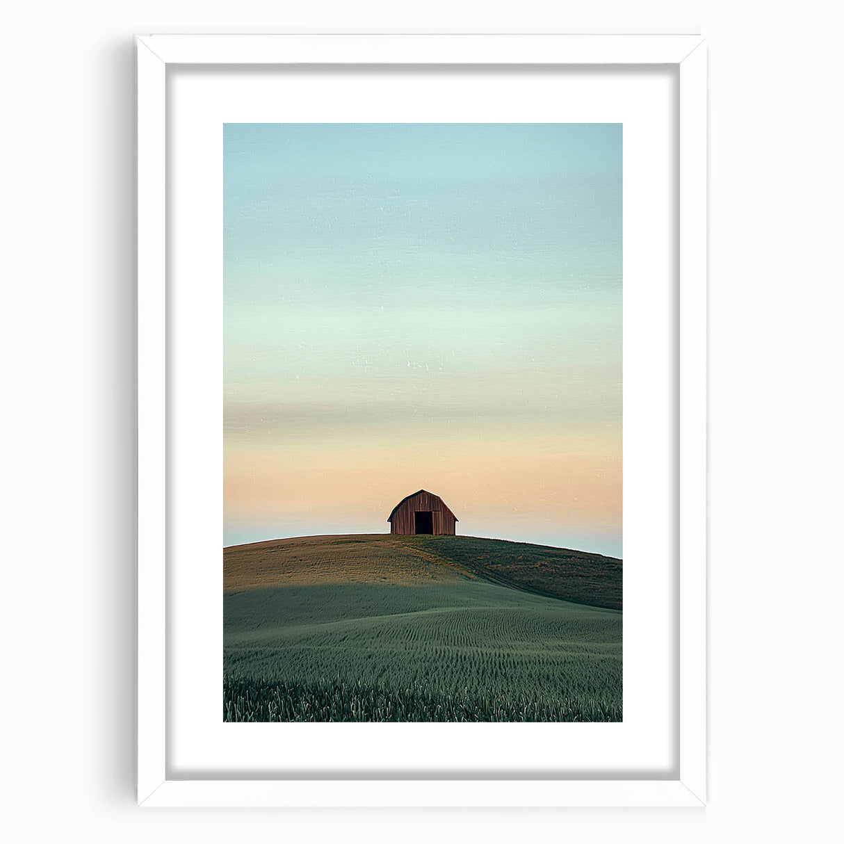 Framed landscape artwork showcasing a serene countryside scene, featuring vibrant green fields and a clear blue sky, presented with a white mat for an elegant finish. Perfect for home decor enthusiasts seeking to enhance their living space with nature-inspired art.